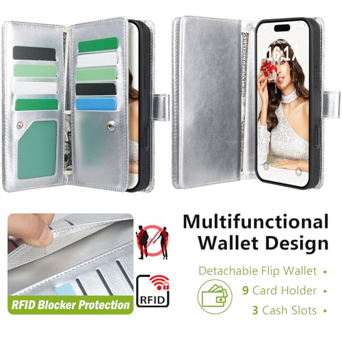 Varikke for iPhone 16 Glitter Case Wallet Magnetic Detachable, Silver - color: (Standard) Silver, size: iPhone 16 6.1"
