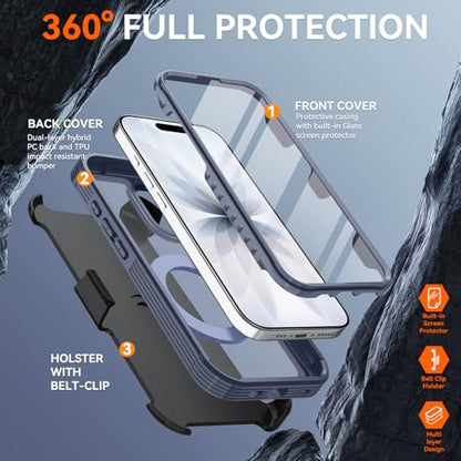 Magnetic for iPhone 17 Case, Compatible with MagSafe, Full Body Rugged Case with Built-in Screen Protector & Kickstand & Belt-Clip (Blue) - color: Blue