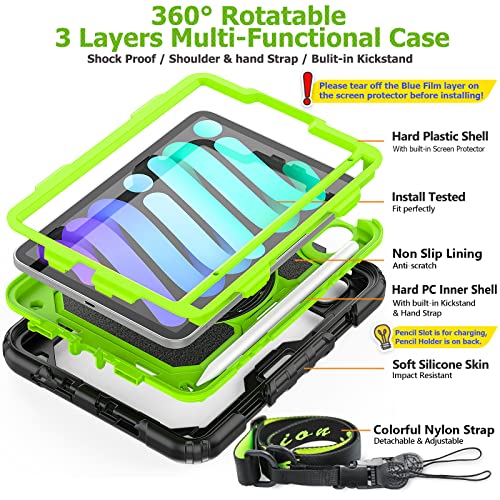 SEYMAC stock Case for iPad mini 7 (A17 Pro) 2024/ Mini 6 8.3'' with Screen Protector Pencil Holder [360 Rotating Hand Strap] &Stand, Drop-Proof Case for iPad mini 7th/6th Generation 8.3", Green+Black - color: Green+Black