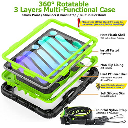SEYMAC stock Case for iPad mini 7 (A17 Pro) 2024/ Mini 6 8.3'' with Screen Protector Pencil Holder [360 Rotating Hand Strap] &Stand, Drop-Proof Case for iPad mini 7th/6th Generation 8.3", Green+Black - color: Green+Black