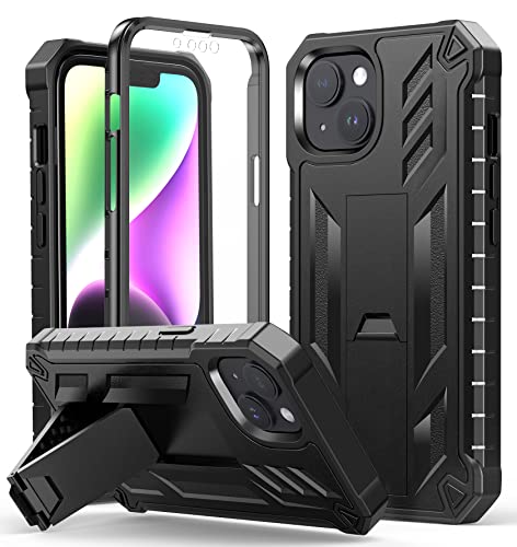 FNTCASE for iPhone 14 Plus Case, Built-in Screen Protector, Kickstand Black | 20FT Military-Grade Drop Protection, Anti-Slip Matte Textured, Rugged Heavy Duty Shockproof TPU Protective Cover - color: Black