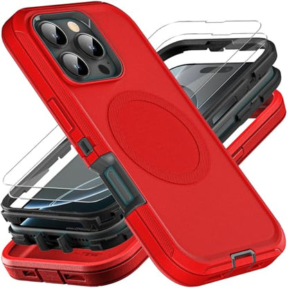 YKHJKLEC for iPhone 16 Pro Case, Compatible with Magsafe, Military Grade 3 in 1 Heavy Duty Shockproof/Drop Proof/Dust Proof Case with 2Pcs Tempered Glass Screen Protector (New-Red/Black) - color: New-Red/Black