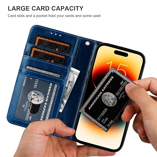 Bocasal Detachable Wallet Case Card Holder for iPhone 15 Pro, Blue | RFID Blocking Kickstand Card Slots Holder PU Leather Magnetic Shockproof Wrist Strap Removable Flip Protective Cover 6.1 inch - color: Blue