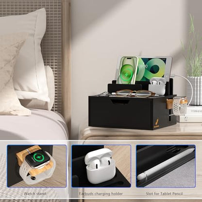 Pezin & Hulin Bamboo Charging Station with Power Charger & Cables-Natural - color: #2 Bamboo- Black(With Charger)