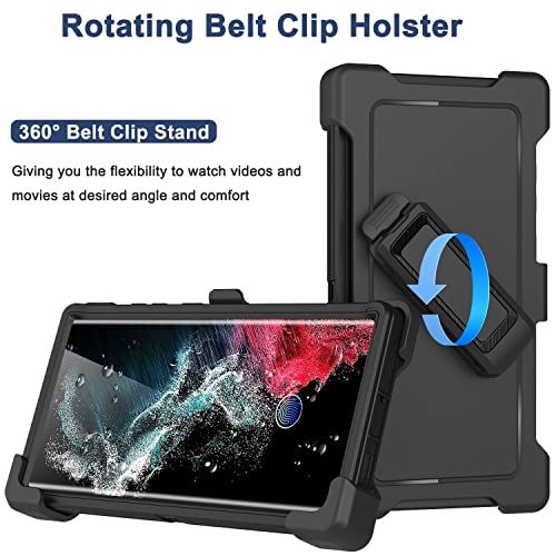for Samsung Galaxy S22 Ultra Case with Belt Clip Holster, 2X Screen Protector, Military Grade Protection Heavy Duty Full Body Shockproof Rugged Protective Cover for Samsung S22 Ultra 5G Black - color: Black