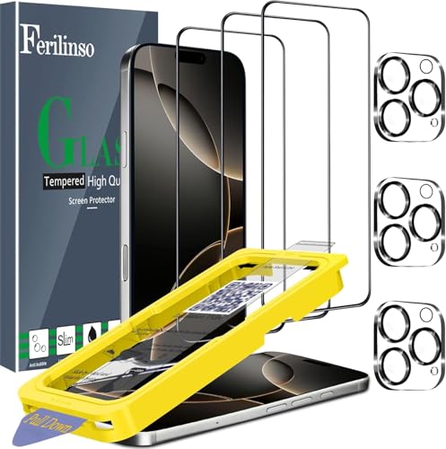 Ferilinso 3 Pack Screen Protector for iPhone 16 Pro, Tempered Glass, HD | 9H+ Hardness, Military-Grade Shatterproof, Case Friendly, Easy Installation Bubble Free, with Camera Lens Protectors - size: iPhone 16 Pro-6.3 IN