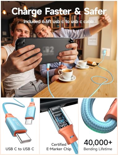 JSAUX 65W GaN USB C Charger for Switch 2, EU/UK Plug, 6.6FT Cable, Blue - color: Blue&Orange
