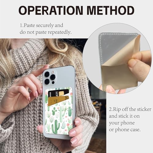 CREATCABIN Cactus Phone Card Holder Leather Cell Phone Wallet Stick on Adhesive Credit Card Holder Slim Double Pocket Sticker for Back of Phone Case Compatible with Most Phones 3.7 x 2.5 Inch - style: Cactus