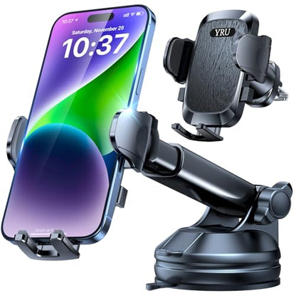YRU【True Military-Grade Safety & Patent Certs】360°Rotation Car Phone Holder【100+LBS Strong Suction & Clip】Windshield Dash Vent Cell Phone Mount Cradle for iPhone17 16 Pro Max Truck Samsung,Matte Black - color: Matte Black