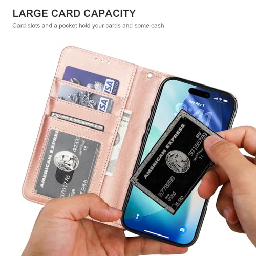 Bocasal Detachable Wallet Case Card Holder for iPhone 17, Rose Gold | RFID Blocking Kickstand Card Slots Holder PU Leather Magnetic Shockproof Wrist Strap Removable Flip Protective Cover 6.3 inch - color: Rose Gold