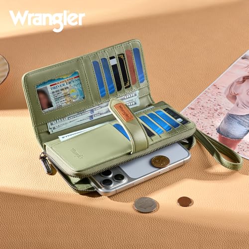 X Wrangler Women's Wallets Bifold Wristlet Wallets for Women Large Capacity Credit Card Wallet with ID Window - color: Floral-light Green