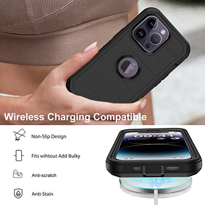 for iPhone 14 Pro Case with 2 Screen Protector,Full Body Shockproof Drop Protection Dust Proof Heavy Duty 3-Layer Rugged Durable Military Grade Cover for Apple iPhone 14 Pro 6.1" (Black) - color: Black II