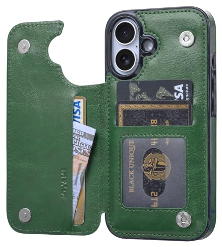 Wallet Case Compatible with iPhone 16 6.1", Slim Protective Case with Card Holder,Premium PU Leather Kickstand Card Slots Case with Double Magnetic Clasp-Grass Green - color: Grass Green, size: iphone 16 6.1"