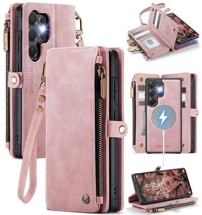 Defencase for Galaxy S24 Ultra Case Wallet Compatible with Magsafe, Pink | Magnetic Detachable, RFID Bolcking Card Holder, Zipper Strap, PU Leather Drop-Proof Phone Cover for Samsung Galaxy S24 Ultra - color: (Detachable with Magsafe)-Pink