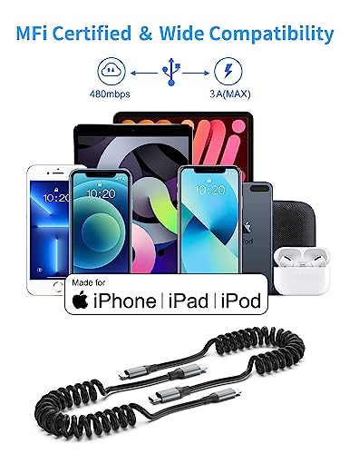 Coiled USB-C to Lightning Cable, 2Pack Retractable iPhone Charger CarPlay - size: 3FT Coiled