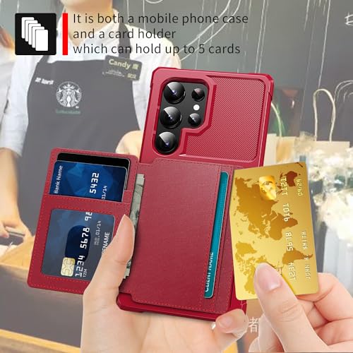 for Samsung Galaxy S24 Ultra Case with Card Holder, Compatible with Magnetic Car Mount, Heavy Duty Shockproof Rugged Soft TPU Back Leather Flip Wallet Cover 6.8 inch, Red | Compatible with Magnetic Car Mount, Shockproof Rugged Soft TPU Hard Back Leather W