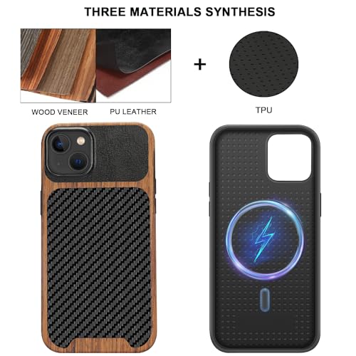 TENDLIN Compatible with iPhone 15 Plus Case Wood Grain with Carbon Fiber Texture Design Leather Hybrid Slim Case (Compatible with MagSafe) Black - color: Magnetic Black, size: iPhone 15 Plus