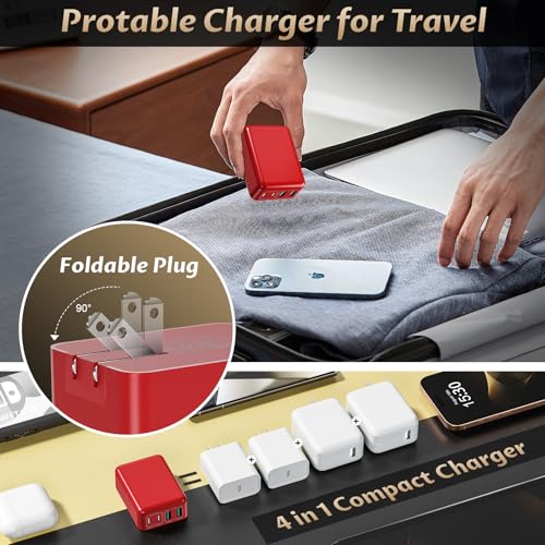Flat USB C Wall Plug 2Pack 40W Foldable Slim Fast Charging Block - color: Red | 2-Pack | 4-Port