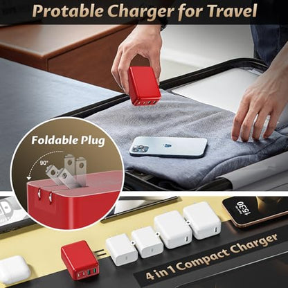 Flat USB C Wall Plug 2Pack 40W Foldable Slim Fast Charging Block - color: Red | 2-Pack | 4-Port
