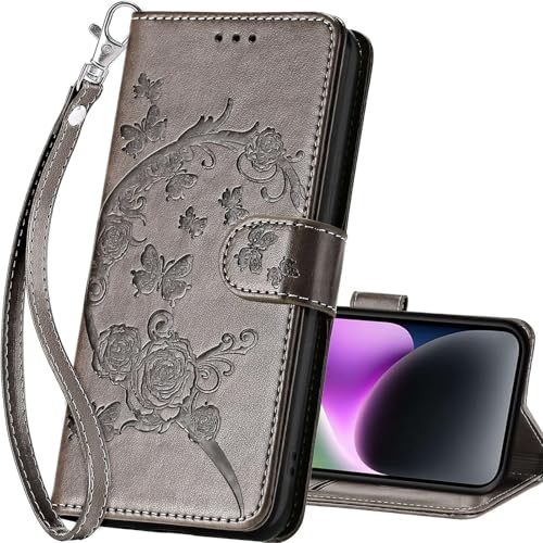 for iPhone 15 Plus Wallet case, Gray Flower | 3 Card Holders, Kickstand, Shockproof TPU Shell, PU Leather, Magnetic Closure, Protective Flip Folio Cover, Women - color: 9