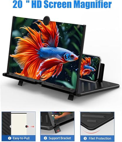 20" Screen Magnifier for Cell Phone – 3D HD Magnifing Screen Enlarger Projector for Movies Videos and Gaming – Foldable Phone Stand Holder with Screen Amplifier–Supports All Smartphones - size: Black-20‘’