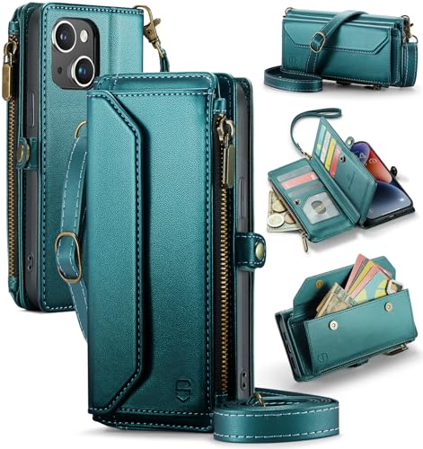 Strapurs Wallet Case Compatible with iPhone 14 Plus RFID Blocking 10-Card Holder Soft PU Leather Magnetic Snap Shoulder Strap Zipper Pocket Phone Case Fit for iPhone 14 Plus 6.7" - Blue Green | RFID Blocking 10-Card Holder, Shoulder Lanyard, Wirst Strap,