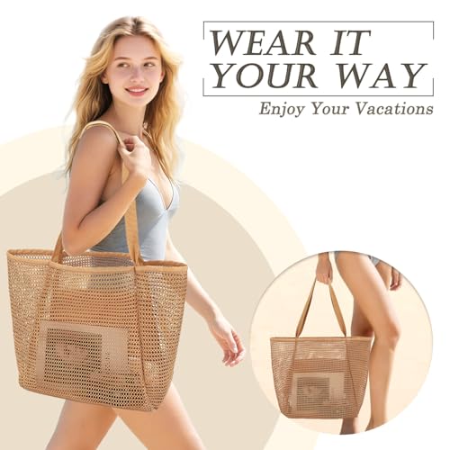 GYEUKHAM Mesh Beach Bag for Women, Sand-Resistant Pool Tote, 9 Pockets (1 Inner Zip), Foldable Family Travel Essentials - color: 2 Pockets-tan