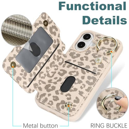 Ｈａｖａｙａ for iPhone 16 case Wallet with Card Holder for Women Men Shockproof Phone case with Keychain Ring Stand Leather Zipper Credit Card Slots-Off White Leopard Print - color: Off White leopard print-Ring