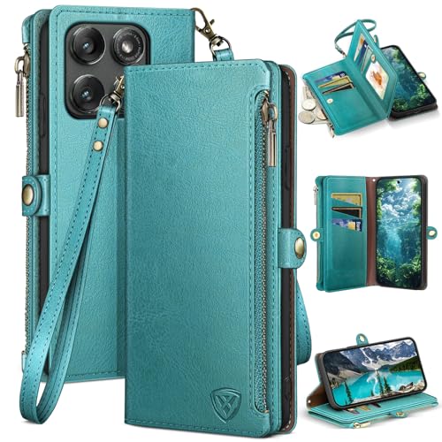 XcaseBar compatible with ‌Moto Edge 5G 2025 Wallet case with Zipper Credit Card Holder【RFID Blocking】,Flip Folio Book PU Leather Phone case Shockproof Cover Women Men for Mote Edge2025 case Blue Green - color: Blue Green