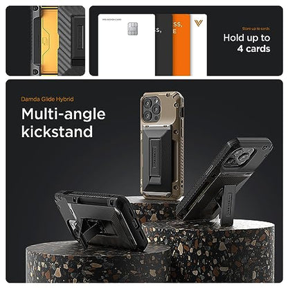 VRS DESIGN Damda Glide Hybrid Phone Case Designed for iPhone 15 Plus (2023), Functional Sturdy Wallet Card Holder Kickstand Case Compatible with iPhone 15 Plus (Khaki) - color: Khaki, size: iPhone 15 Plus