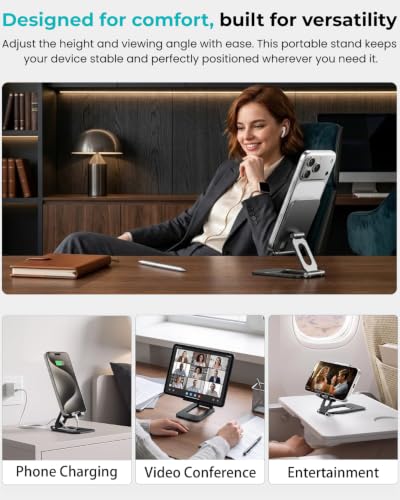 Adjustable Foldable Phone Stand for Desk, Premium Aluminum Cell Phone Holder, Portable Multi-Angle Desktop Stand Compatible with iPhone, Galaxy, iPad, Tablets & All Smartphones