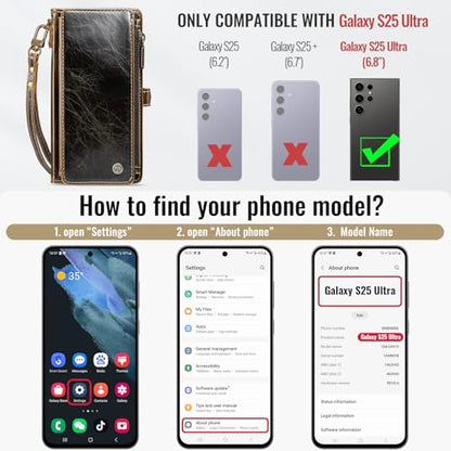 Defencase for Samsung Galaxy S25 Ultra Wallet Case with Card Holder, Coffee | with RFID Blocking Zipper Pocket, Durable PU Leather, Wrist Strap, S25 Ultra Flip Phone Cases Cover with Stand for Women Men - color: Coffee