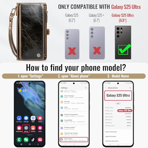 Defencase for Samsung Galaxy S25 Ultra Wallet Case with Card Holder, Coffee | with RFID Blocking Zipper Pocket, Durable PU Leather, Wrist Strap, S25 Ultra Flip Phone Cases Cover with Stand for Women Men - color: Coffee
