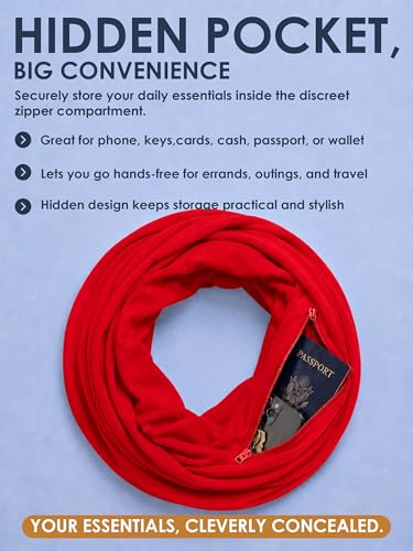 Pop Fashion Solid Color Hidden Zipper Pocket Scarf - Fashion Scarf for Women - All Seasons - color: Red
