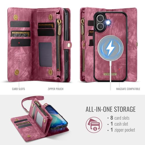 Compatible with iPhone 17 Wallet Case with Magsafe,Red | Magnetic Detachable Case,Card Holder,Zipper Pocket,Strap Wristlet, Soft Leather Drop-Proof Phone Case for iPhone 17 6.3" - color: (Detachable and Magsafe)-Red, size: iPhone 17 6.3 Inch
