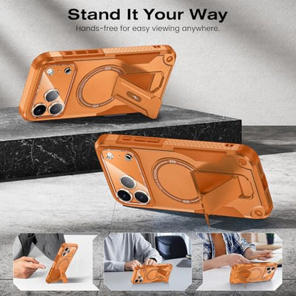 Caka 4-in-1 for iPhone 17 Pro Max Case with Belt Clip Holster and Stand | HD Glass Screen & Camera Lens Protector, Compatible with MagSafe, Hidden Kickstand, Rugged Heavy Duty Shockproof Phone Cover - color: Orange