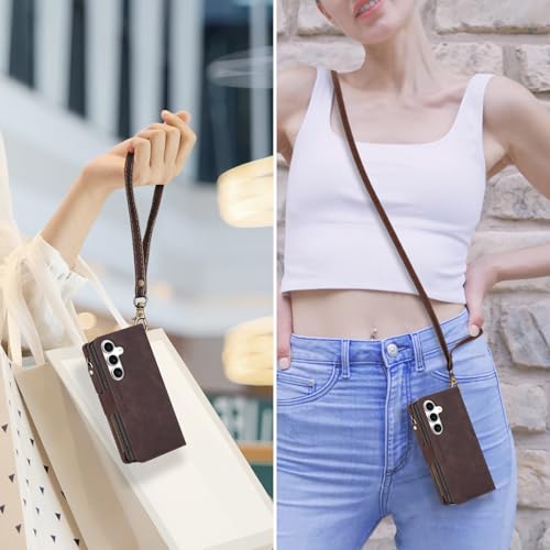 for Samsung Galaxy S24-FE-Wallet Case: with RFID Blocking Card Slots (6 Cards) | Soft PU Leather Magnetic Snap Zipper Pocket | Crossbody Wrist Strap Protective Phone Cover - Coffee - color: Coffee, size: Galaxy S24 FE（6.7‘’）