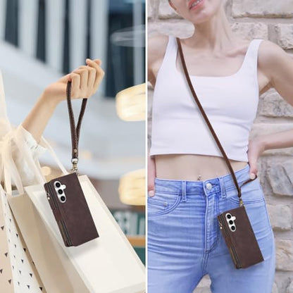 for Samsung Galaxy S24-FE-Wallet Case: with RFID Blocking Card Slots (6 Cards) | Soft PU Leather Magnetic Snap Zipper Pocket | Crossbody Wrist Strap Protective Phone Cover - Coffee - color: Coffee, size: Galaxy S24 FE（6.7‘’）