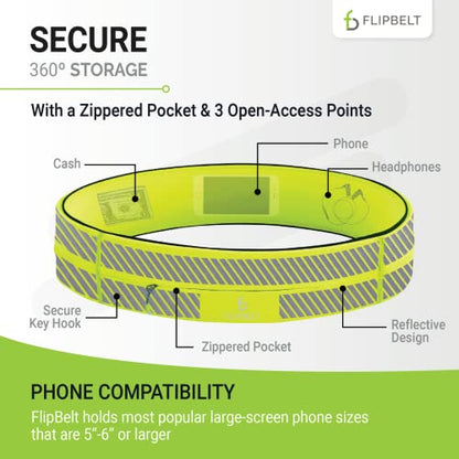 FlipBelt Zipper Running Belt, Waist Pack for Fitness and Running, US Company - color: Reflective Neon Yellow, size: X-Small