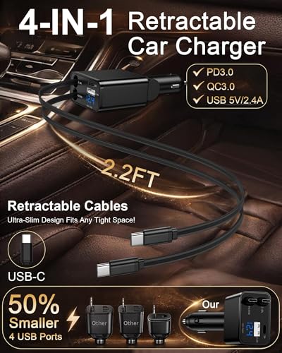 Retractable Car Phone Charger for Samsung S26 Android Fast USB C iPhone 18 - color: Black