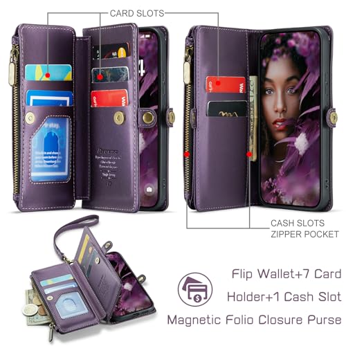 Defencase for Samsung Galaxy S25 Wallet Case with RFID Card Holder, Purple | Durable Soft PU Leather, with Zipper Pocket, Wrist Strap, Fashion Snap Flip S25 Phone Cases Cover with Stand for Women Men - color: Aesthetic Purple