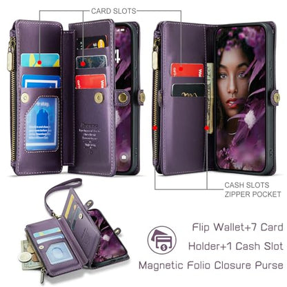 Defencase for Samsung Galaxy S25 Wallet Case with RFID Card Holder, Purple | Durable Soft PU Leather, with Zipper Pocket, Wrist Strap, Fashion Snap Flip S25 Phone Cases Cover with Stand for Women Men - color: Aesthetic Purple