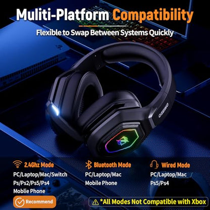 Ozeino 2.4GHz Wireless Gaming Headset with Microphone, 2.4G USB & Type C Transmitter - 30h Battery Life - RGB Lighting Gaming Headphones for PS5, PS4, PC, Phone