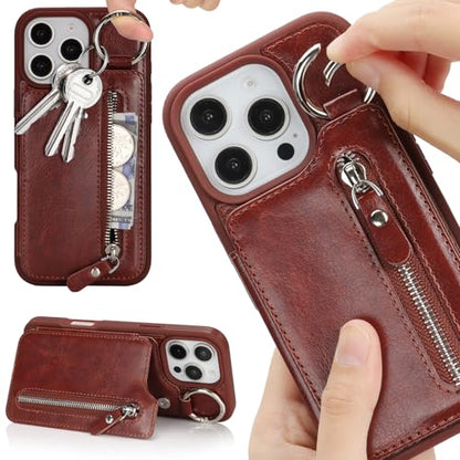 Ｈａｖａｙａ for iPhone 16 case Wallet with Card Holder for Women Men Shockproof Phone case with Keychain Ring Stand Leather Zipper Credit Card Slots-Deep Brown - color: Deep Brown-Ring
