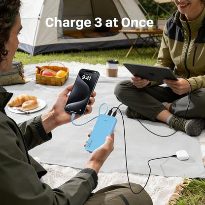 JUOVI 25W Portable Charger 10000mah Power Bank Built-in USB-C Cable - color: Blue