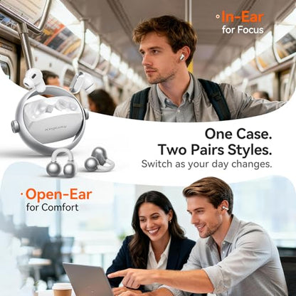 Kinglucky 2-in-1 Wireless Earbuds, in-Ear & Open Ear Clip-On Earbuds Comfortable fit, Bluetooth Headphones 5.4 with Noise Cancelling Mic, Power Swap Charging, Up to 50H, White