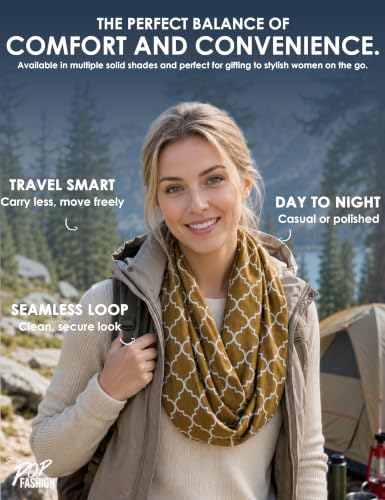 Pop Fashion Quatrefoil Pattern Infinity Scarf for Women - Travel Scarf with Hidden Pocket - All Seasons - color: Brown, size: 24.5 x 9.5