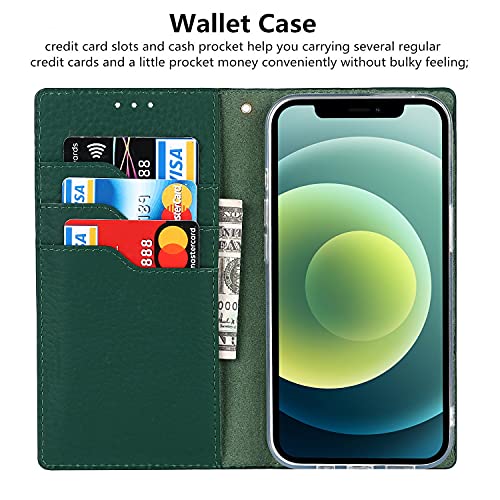 iCoverCase Compatible with iPhone 13 Wallet Case, RFID Blocking Genuine Leather Magnetic Case with Wrist Strap and Card Slots Kickstand Feature Flip Cover 6.1 Inch (Green) - color: Green, size: iPhone 13