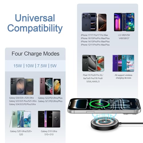 Samsung S26 Ultra Wireless Charger Fast Charging Pad Magnetic Charger for Samsung Galaxy S26 Plus/S25 Ultra/S24/S23/S22/2Pack 15W Fast Magsafe Charger Pad with USB A Adapter for iPhone 17 Pro/16/15/14 - color: Black