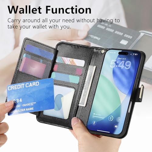 for iPhone 17 Phone Case Wallet, Black | Built-in Card Holder (8-10 Cards), Zipper Pocket, Wrist Strap, Stand Kickstand, Flower PU Leather Protective Phone Case Women - color: Black, size: iPhone 17